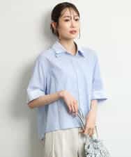 FKBGD50160 MK MICHEL KLEIN(MK ミッシェルクラン) [洗える]ストライプレース五分袖シャツブラウス ブルー