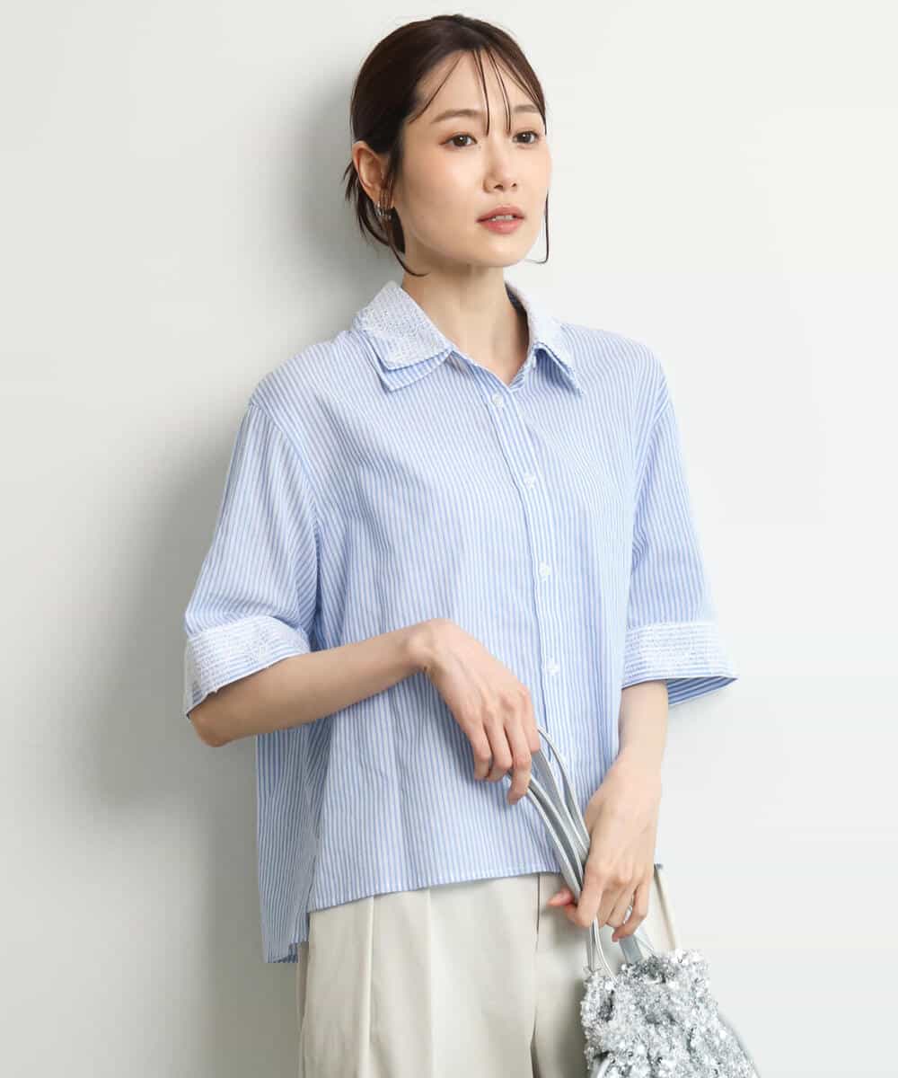 FKBGD50160 MK MICHEL KLEIN(MK ミッシェルクラン) [洗える]ストライプレース五分袖シャツブラウス ブルー