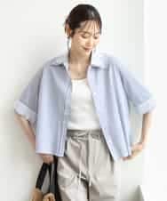 FKBGD50160 MK MICHEL KLEIN(MK ミッシェルクラン) [洗える]ストライプレース五分袖シャツブラウス ネイビー
