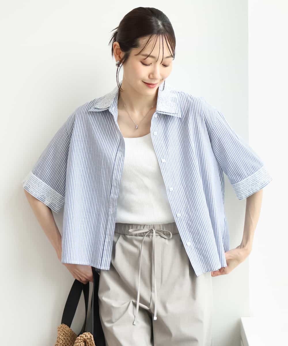 FKBGD50160 MK MICHEL KLEIN(MK ミッシェルクラン) [洗える]ストライプレース五分袖シャツブラウス ネイビー