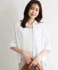 FKBGD50160 MK MICHEL KLEIN(MK ミッシェルクラン) [洗える]ストライプレース五分袖シャツブラウス ホワイト