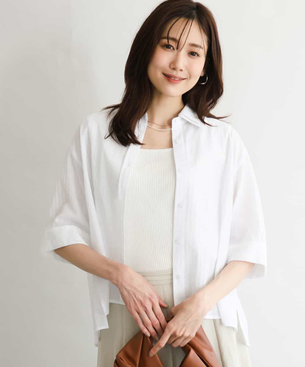 FKBGD50160 MK MICHEL KLEIN(MK ミッシェルクラン) [洗える]ストライプレース五分袖シャツブラウス ホワイト