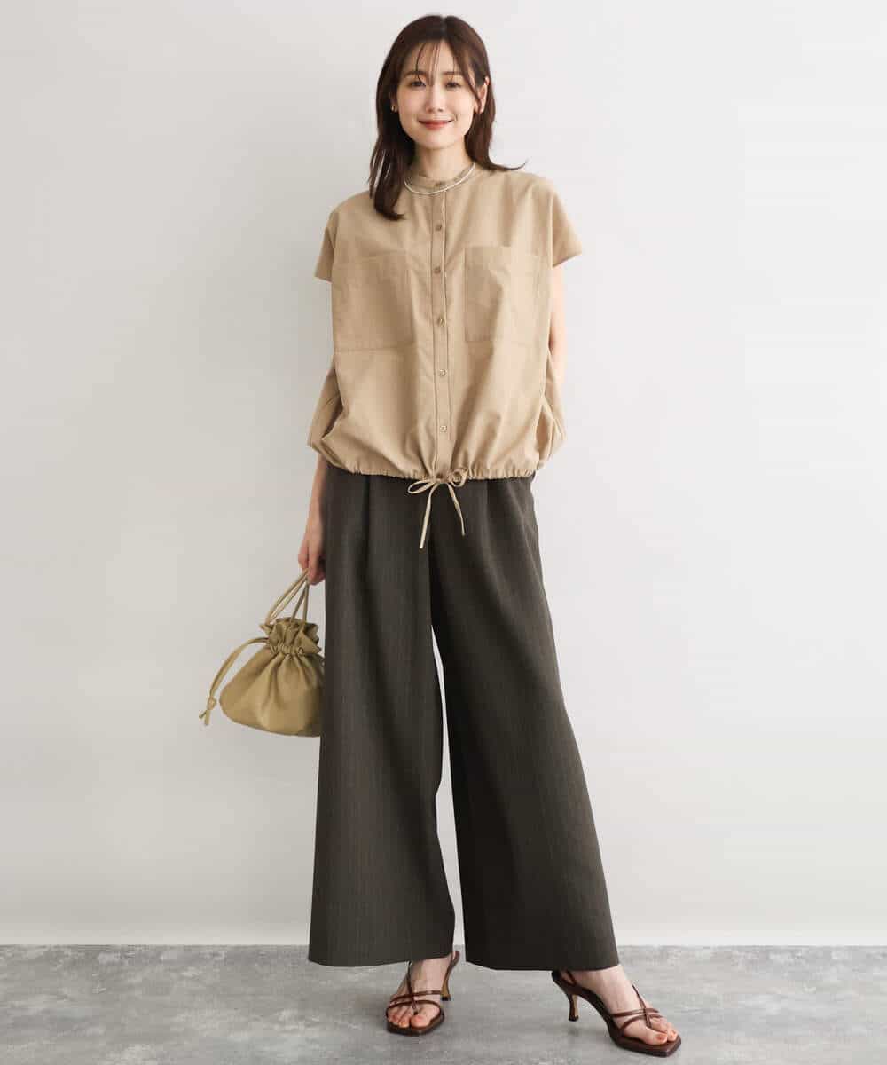 FKBGD54160 MK MICHEL KLEIN(MK ミッシェルクラン) [接触冷感/洗える]ドロストデザインバンドカラーブラウス キャメル