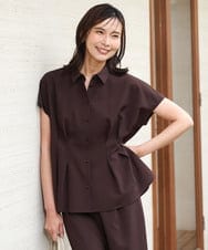FKBGD56160 MK MICHEL KLEIN(MK ミッシェルクラン) [洗える]リネンライクストレッチ ウエストタックデザイン衿付きブラウス ブラウン