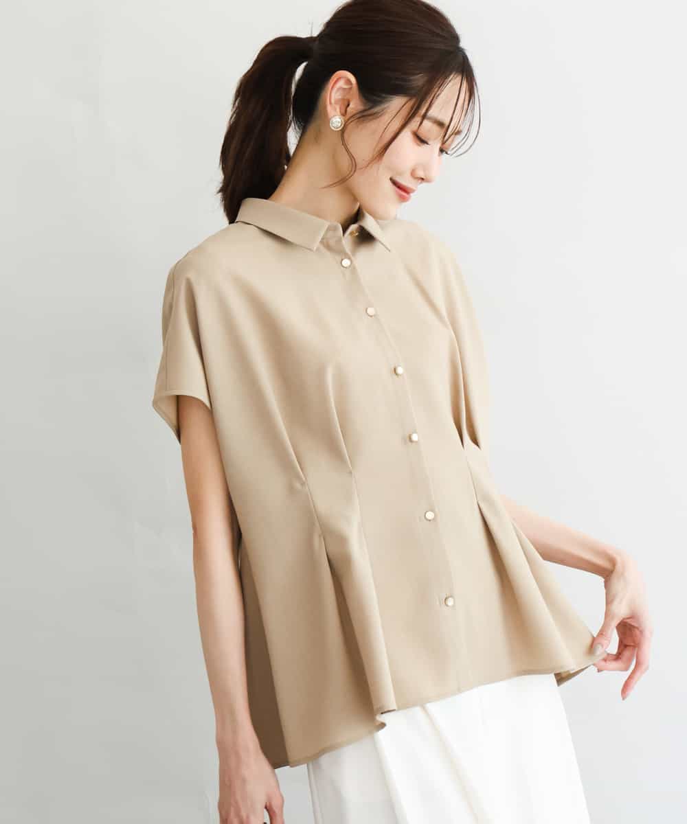FKBGD56160 MK MICHEL KLEIN(MK ミッシェルクラン) [洗える]リネンライクストレッチ ウエストタックデザイン衿付きブラウス ベージュ