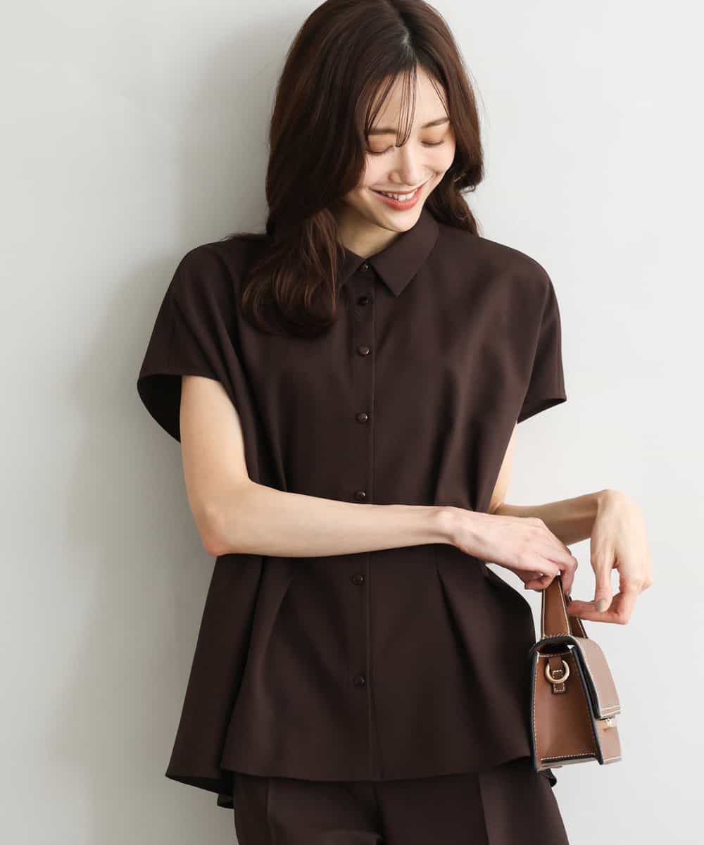 FKBGD56160 MK MICHEL KLEIN(MK ミッシェルクラン) [洗える]リネンライクストレッチ ウエストタックデザイン衿付きブラウス ブラウン