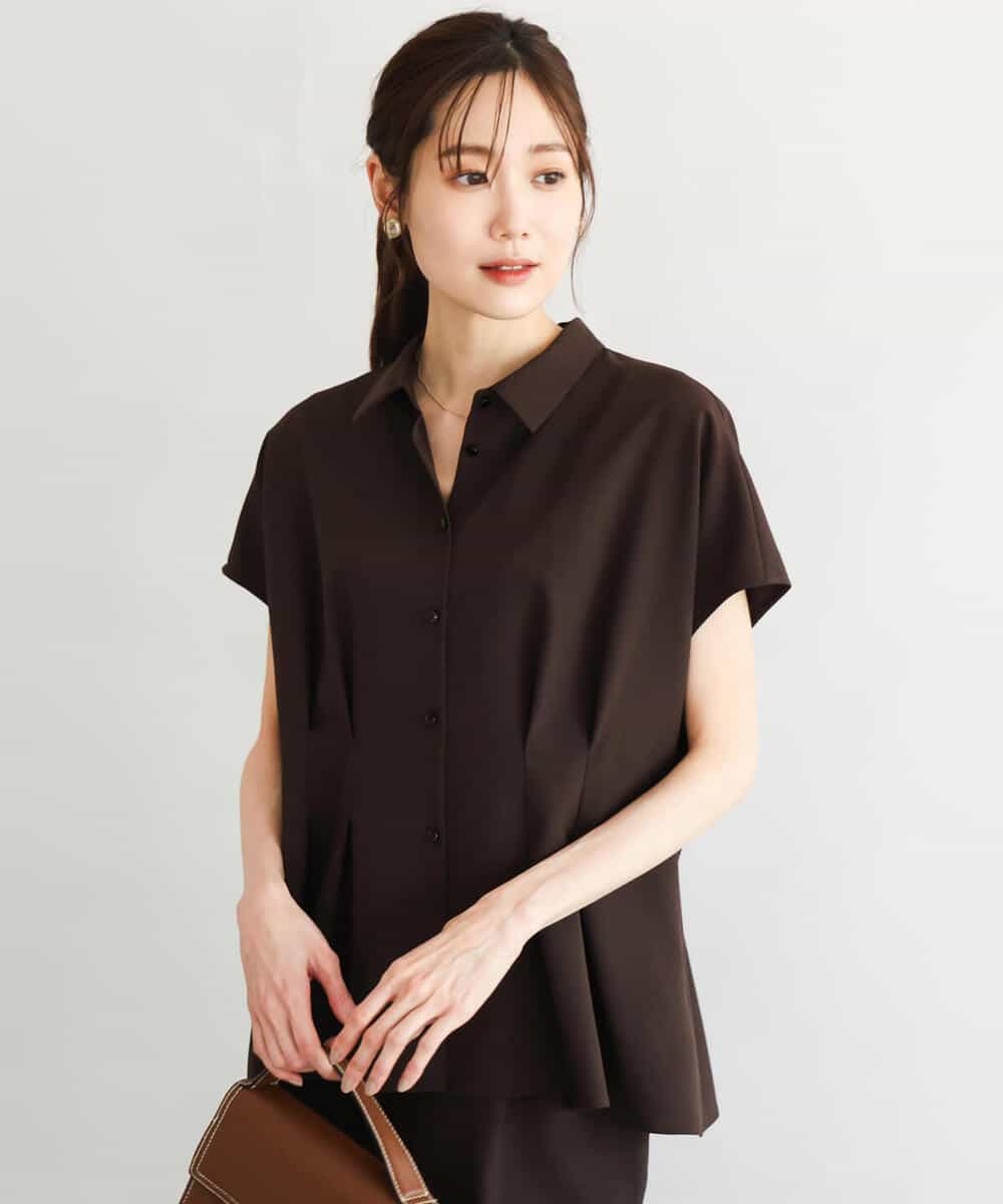 FKBGD56160 MK MICHEL KLEIN(MK ミッシェルクラン) [洗える]リネンライクストレッチ ウエストタックデザイン衿付きブラウス ブラウン