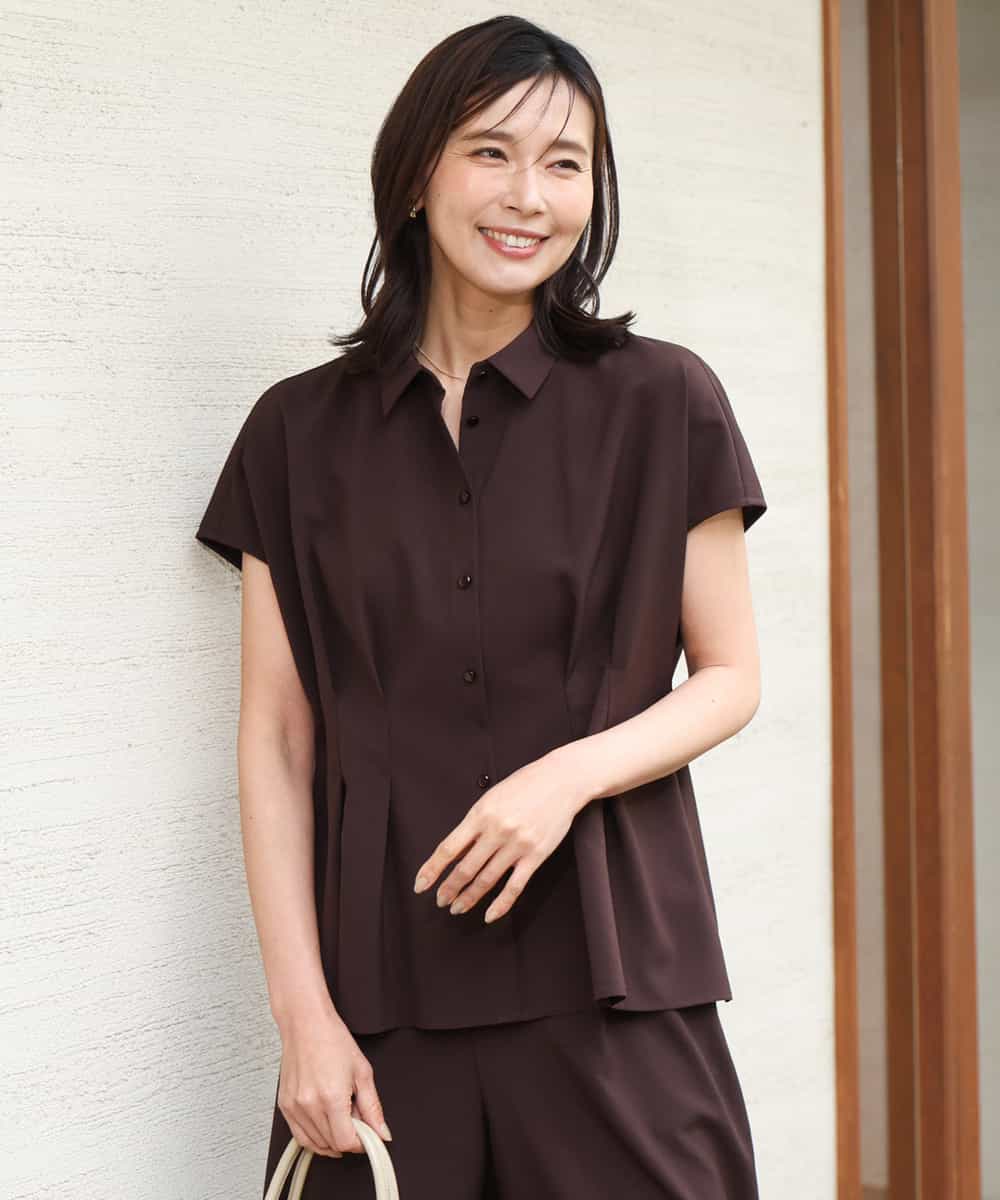 FKBGD56160 MK MICHEL KLEIN(MK ミッシェルクラン) [洗える]リネンライクストレッチ ウエストタックデザイン衿付きブラウス ブラウン