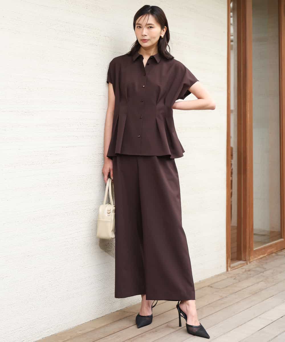 FKBGD56160 MK MICHEL KLEIN(MK ミッシェルクラン) [洗える]リネンライクストレッチ ウエストタックデザイン衿付きブラウス ブラウン