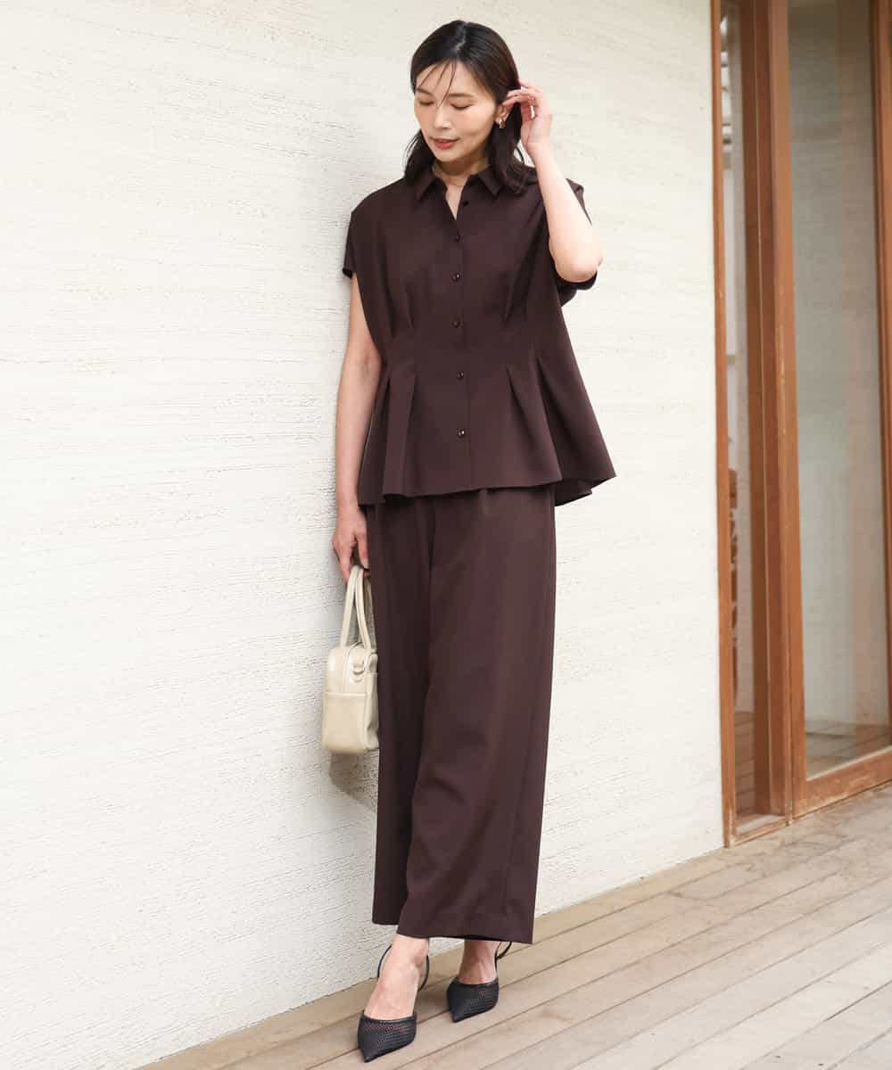 FKBGD56160 MK MICHEL KLEIN(MK ミッシェルクラン) [洗える]リネンライクストレッチ ウエストタックデザイン衿付きブラウス ブラウン