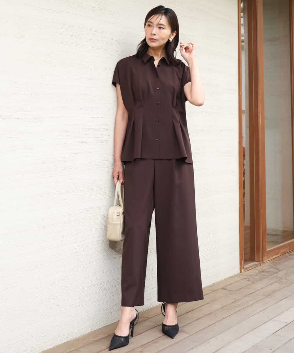 FKBGD56160 MK MICHEL KLEIN(MK ミッシェルクラン) [洗える]リネンライクストレッチ ウエストタックデザイン衿付きブラウス ブラウン