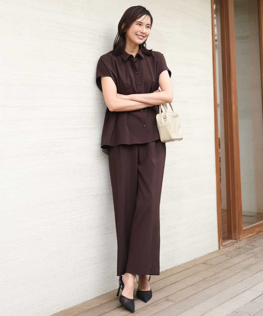 FKBGD56160 MK MICHEL KLEIN(MK ミッシェルクラン) [洗える]リネンライクストレッチ ウエストタックデザイン衿付きブラウス ブラウン