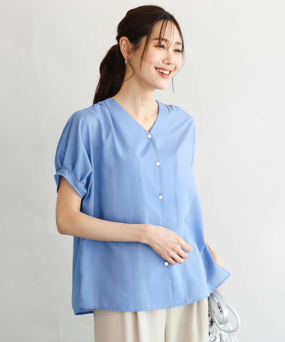 FKBGD58140 MK MICHEL KLEIN(MK ミッシェルクラン) [洗える]Vネックタックスリーブブラウス ライトブルー