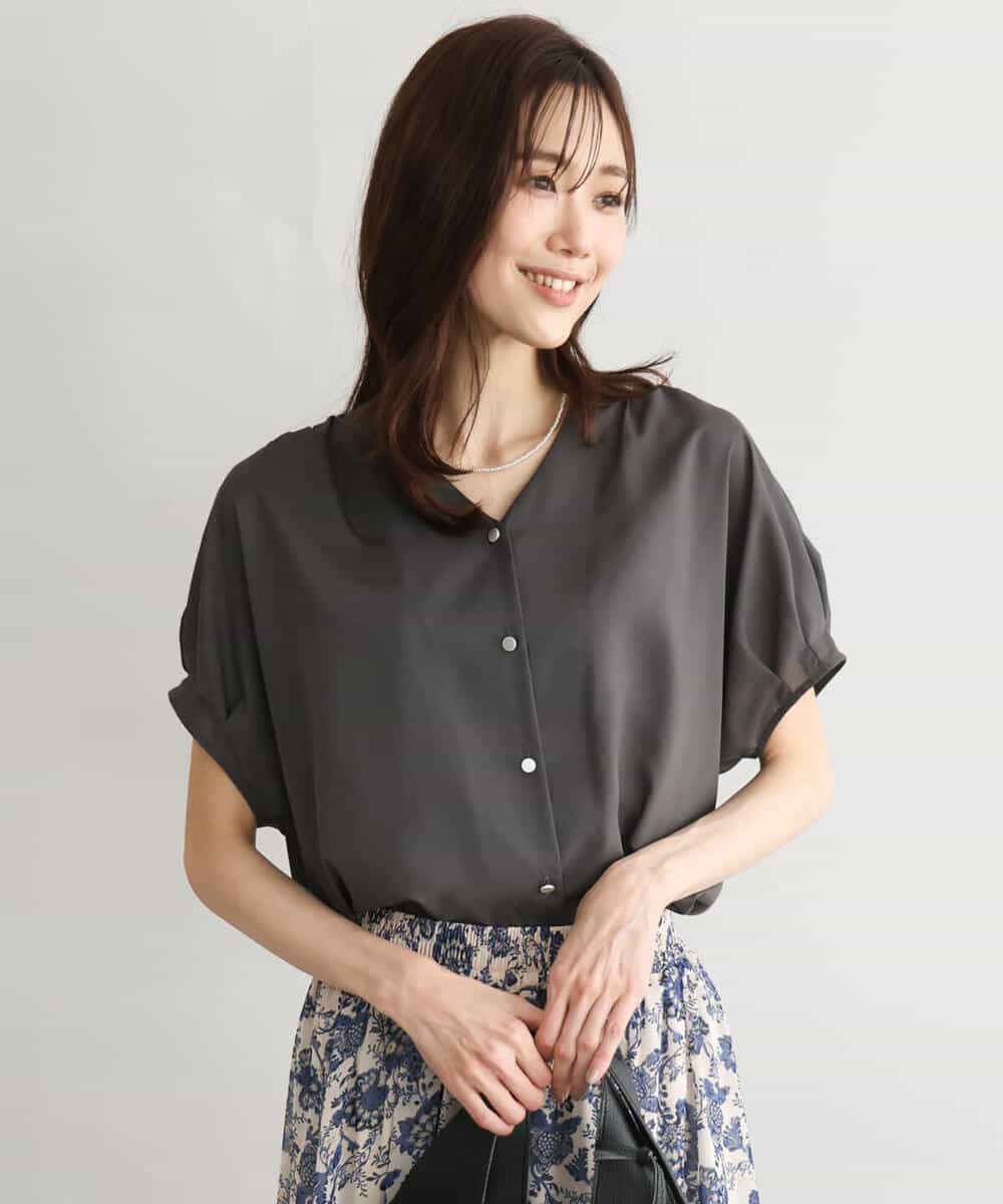 FKBGD58140 MK MICHEL KLEIN(MK ミッシェルクラン) [洗える]Vネックタックスリーブブラウス ダークグレー