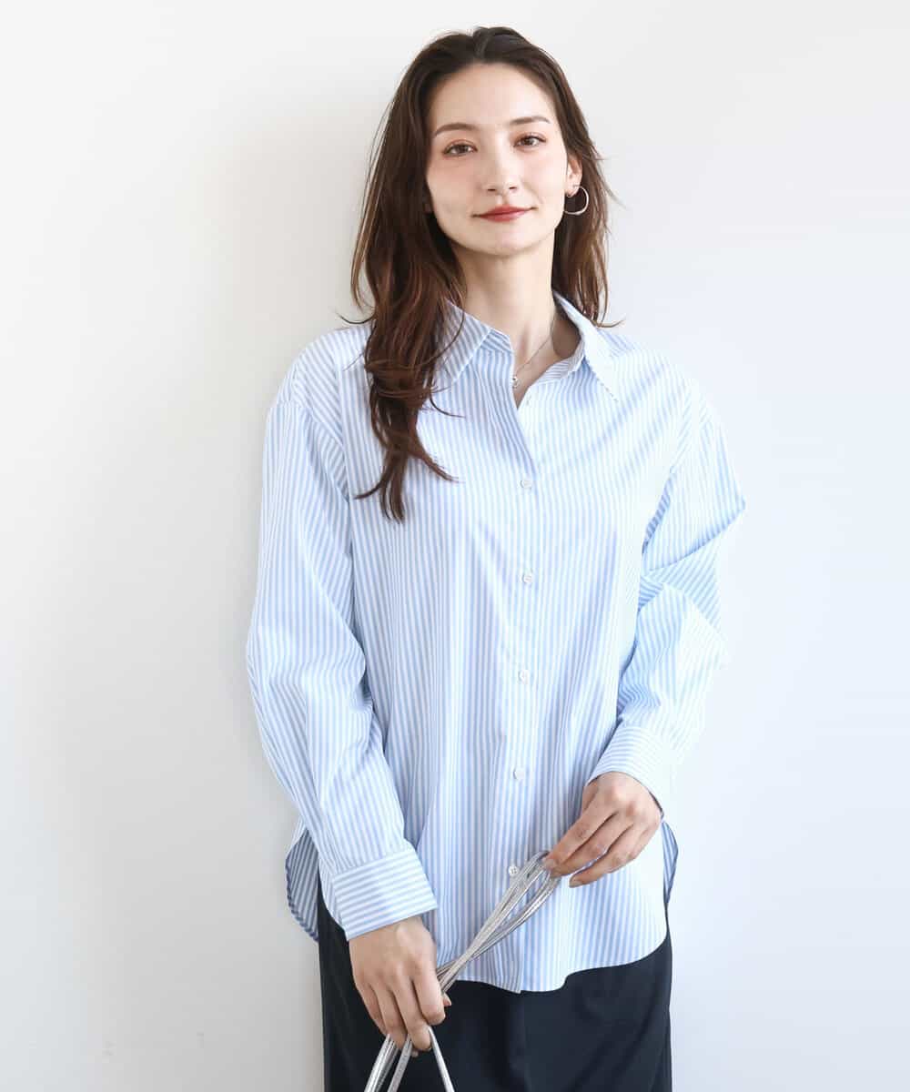FKBGE27140 MK MICHEL KLEIN(MK ミッシェルクラン) コットン混ベーシックシャツ（ストライプ）/接触冷感/防シワ/洗える ライトブルー