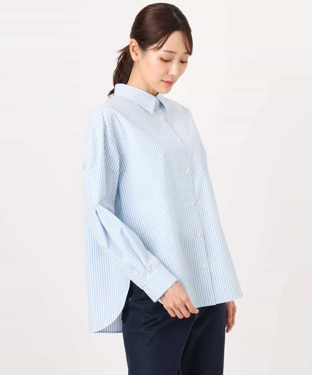FKBGE27140 MK MICHEL KLEIN(MK ミッシェルクラン) コットン混ベーシックシャツ（ストライプ）/接触冷感/防シワ/洗える ライトブルー