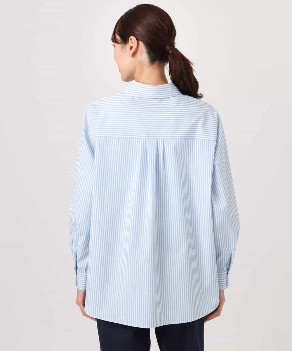 FKBGE27140 MK MICHEL KLEIN(MK ミッシェルクラン) コットン混ベーシックシャツ（ストライプ）/接触冷感/防シワ/洗える ライトブルー