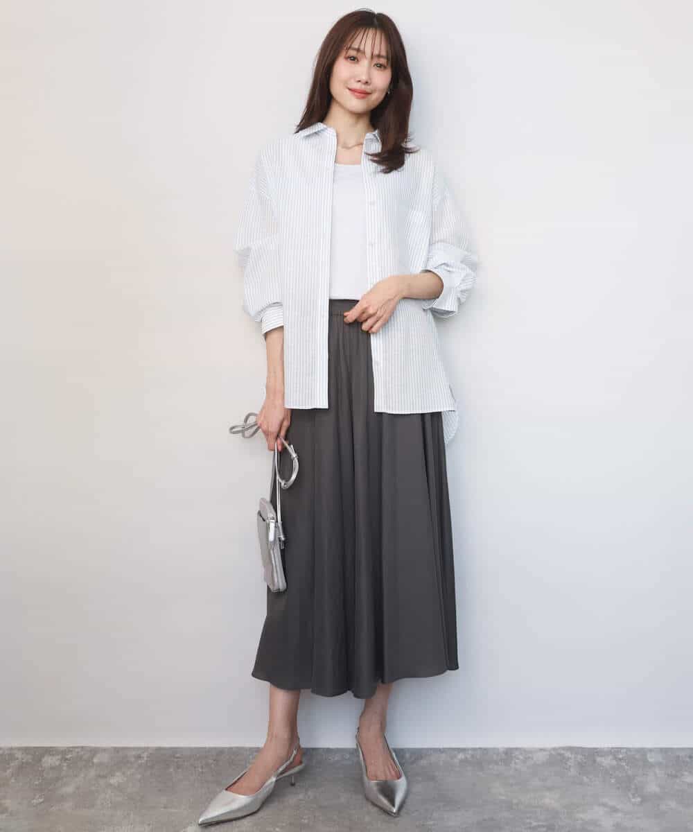 FKBGE47150 MK MICHEL KLEIN(MK ミッシェルクラン) [接触冷感/洗える]リネン混ストライプシャツブラウス ホワイト×ライトブルー