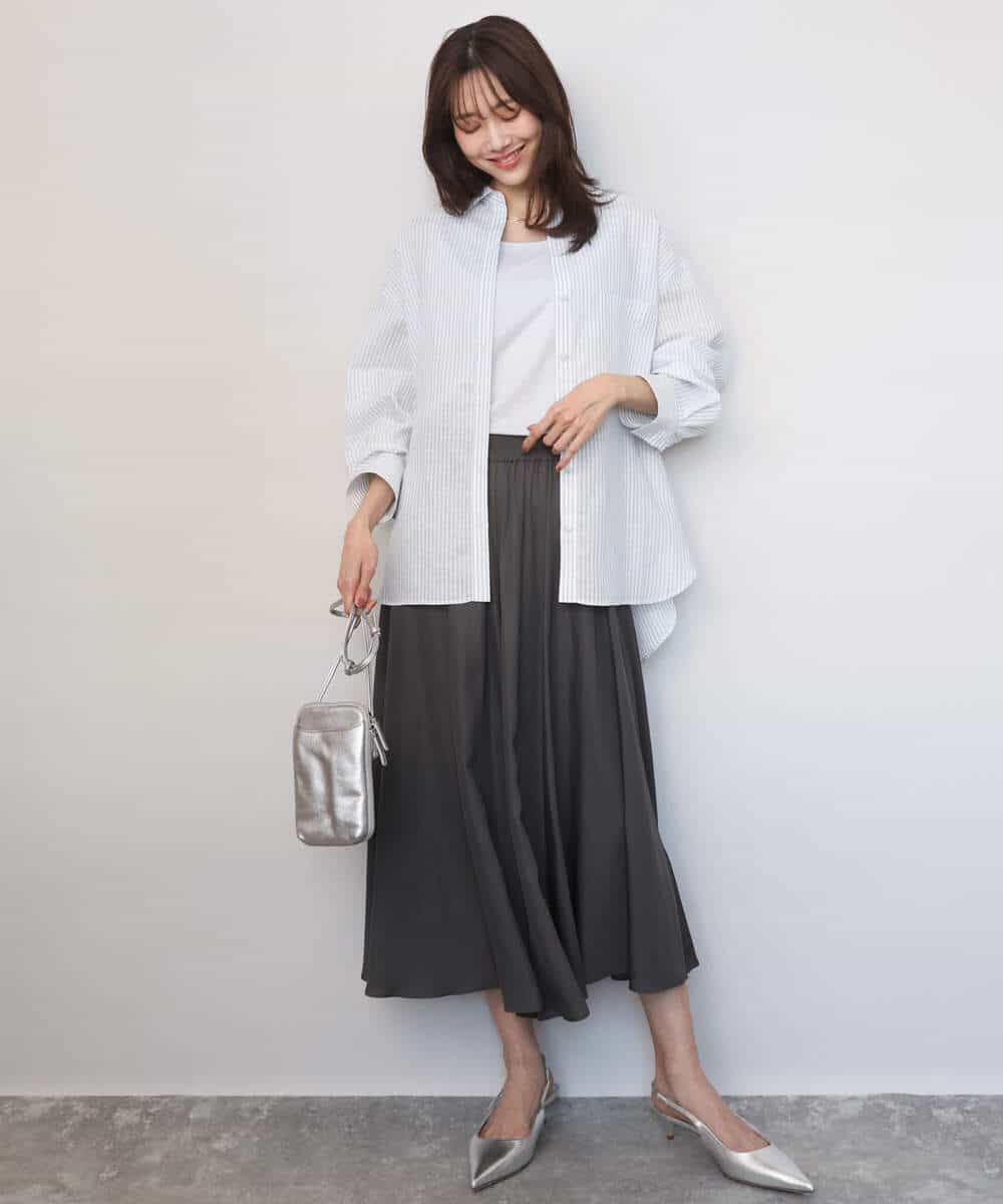 FKBGE47150 MK MICHEL KLEIN(MK ミッシェルクラン) [接触冷感/洗える]リネン混ストライプシャツブラウス ホワイト×ライトブルー