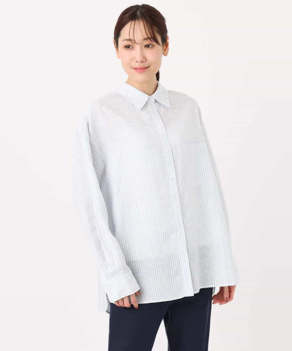 FKBGE47150 MK MICHEL KLEIN(MK ミッシェルクラン) [接触冷感/洗える]リネン混ストライプシャツブラウス ホワイト×ライトブルー