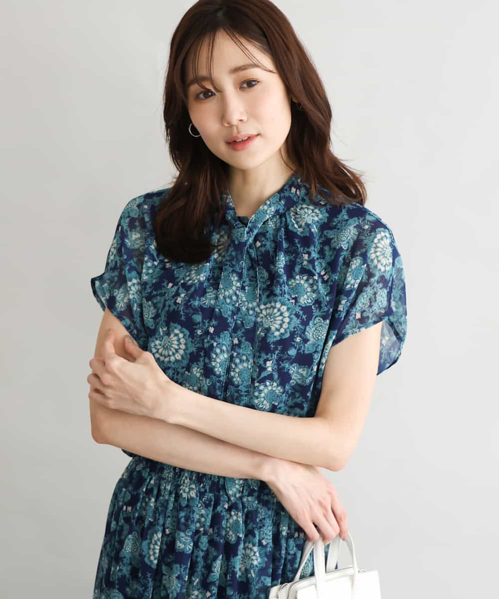 FKBGF05140 MK MICHEL KLEIN(MK ミッシェルクラン) [洗える]前後2way/更紗プリント花柄シフォンブラウス ネイビー