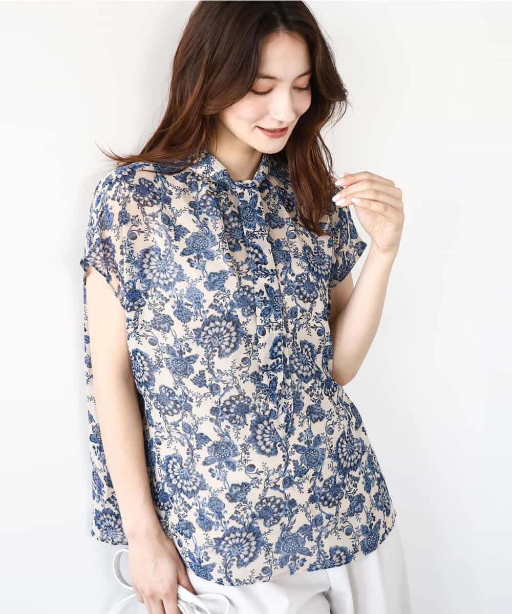 FKBGF05140 MK MICHEL KLEIN(MK ミッシェルクラン) [洗える]前後2way/更紗プリント花柄シフォンブラウス ベージュ