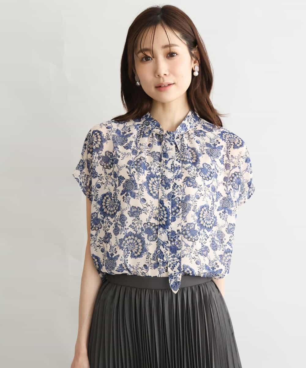 FKBGF05140 MK MICHEL KLEIN(MK ミッシェルクラン) [洗える]前後2way/更紗プリント花柄シフォンブラウス ベージュ