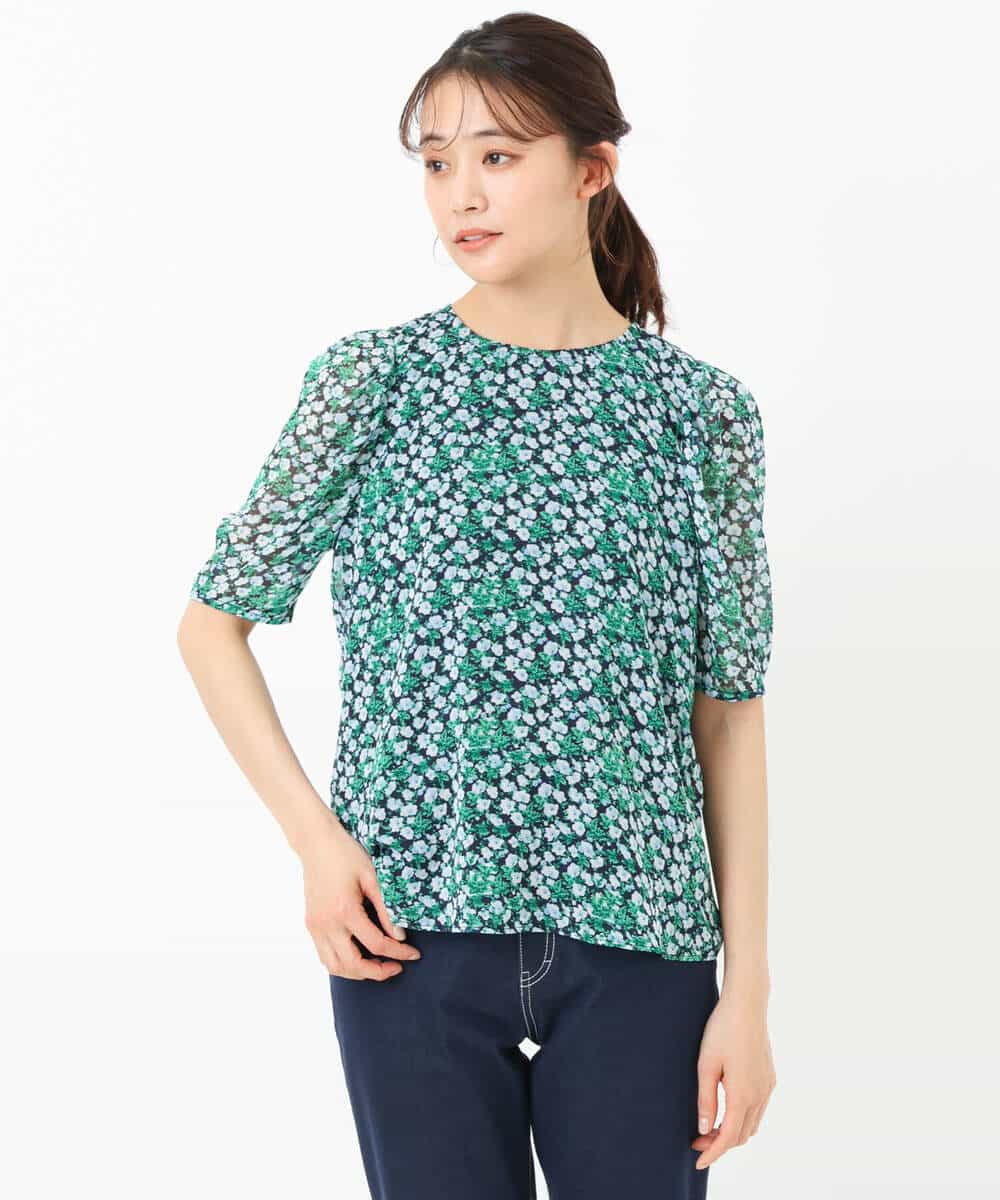FKBGS06130 MK MICHEL KLEIN(MK ミッシェルクラン) 小花柄シフォンブラウス/洗える グリーン