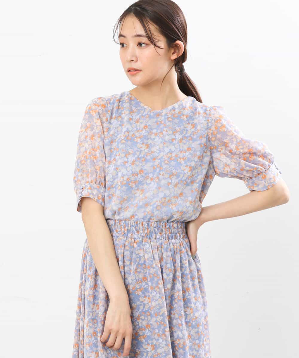 FKBGS08130 MK MICHEL KLEIN(MK ミッシェルクラン) 花柄シフォンブラウス/洗える ライトブルー