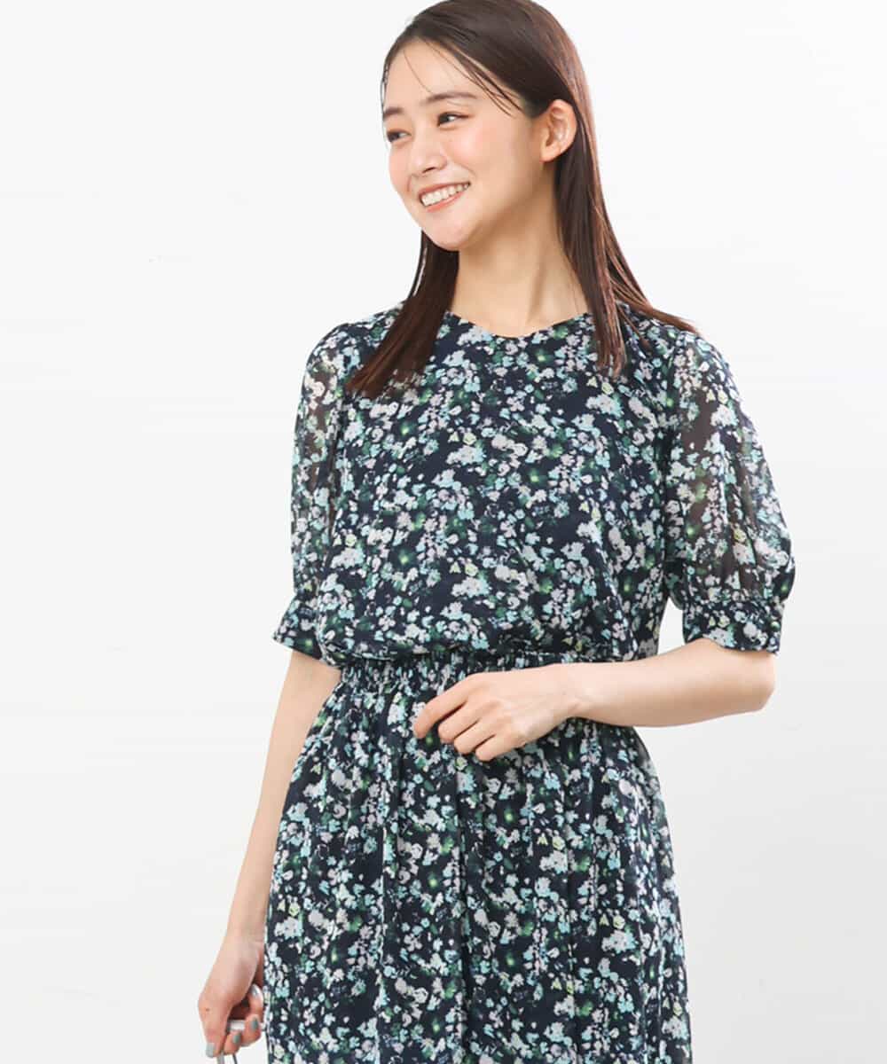 FKBGS08130 MK MICHEL KLEIN(MK ミッシェルクラン) 花柄シフォンブラウス/洗える ネイビー
