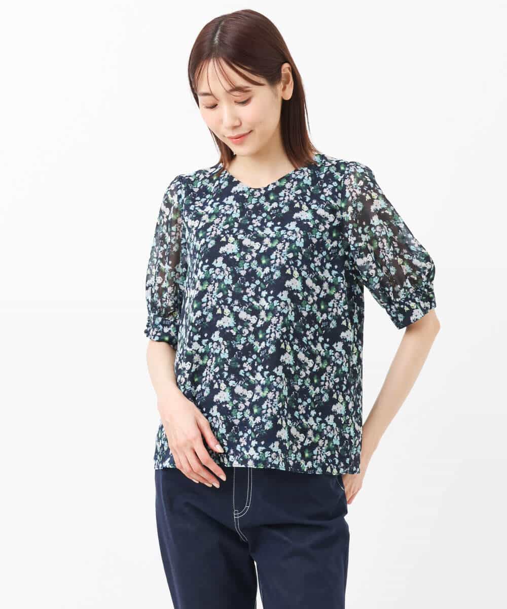 FKBGS08130 MK MICHEL KLEIN(MK ミッシェルクラン) 花柄シフォンブラウス/洗える ネイビー