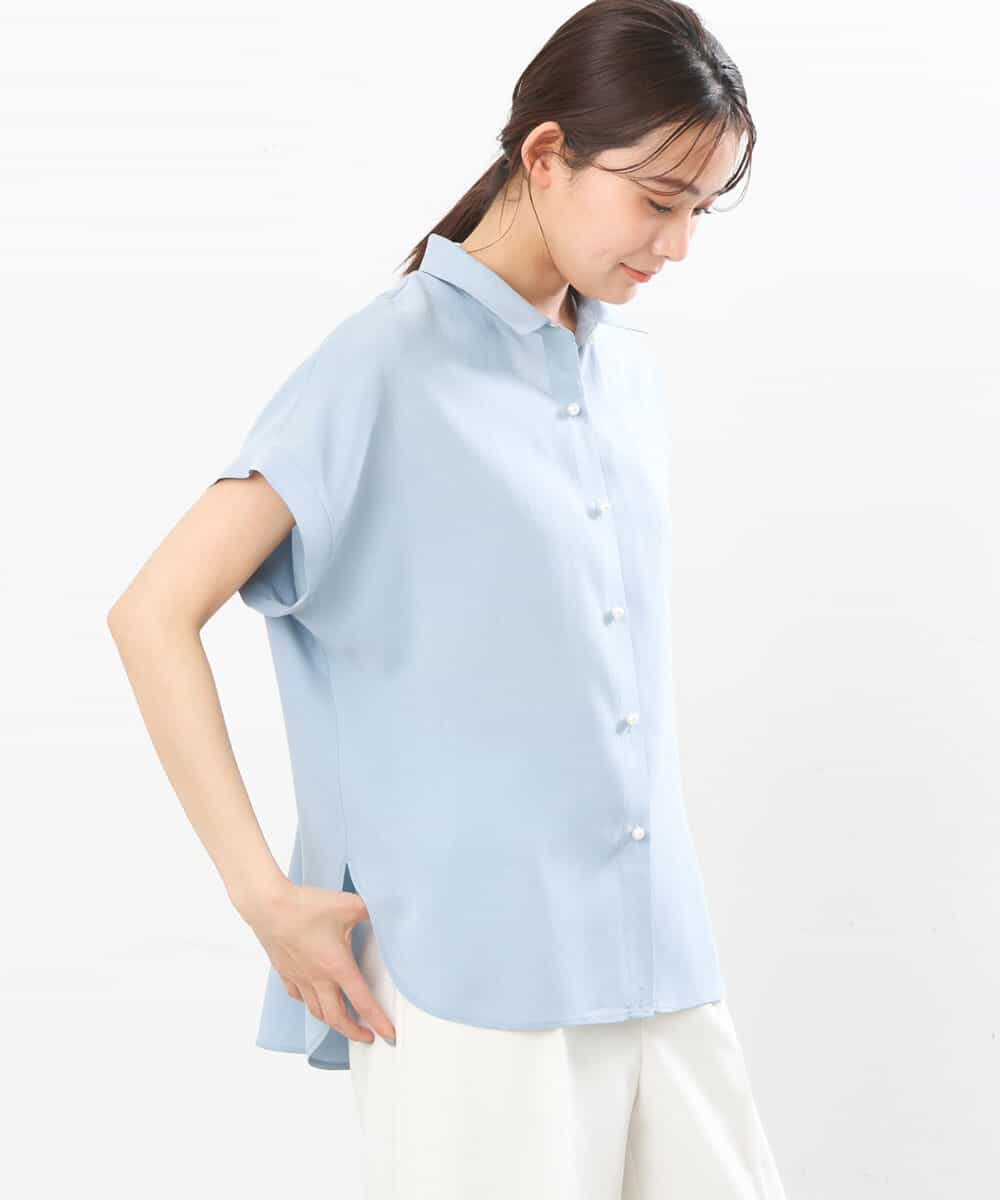 FKBGS58110 MK MICHEL KLEIN(MK ミッシェルクラン) フェイクパール釦シャツブラウス/洗える ライトブルー
