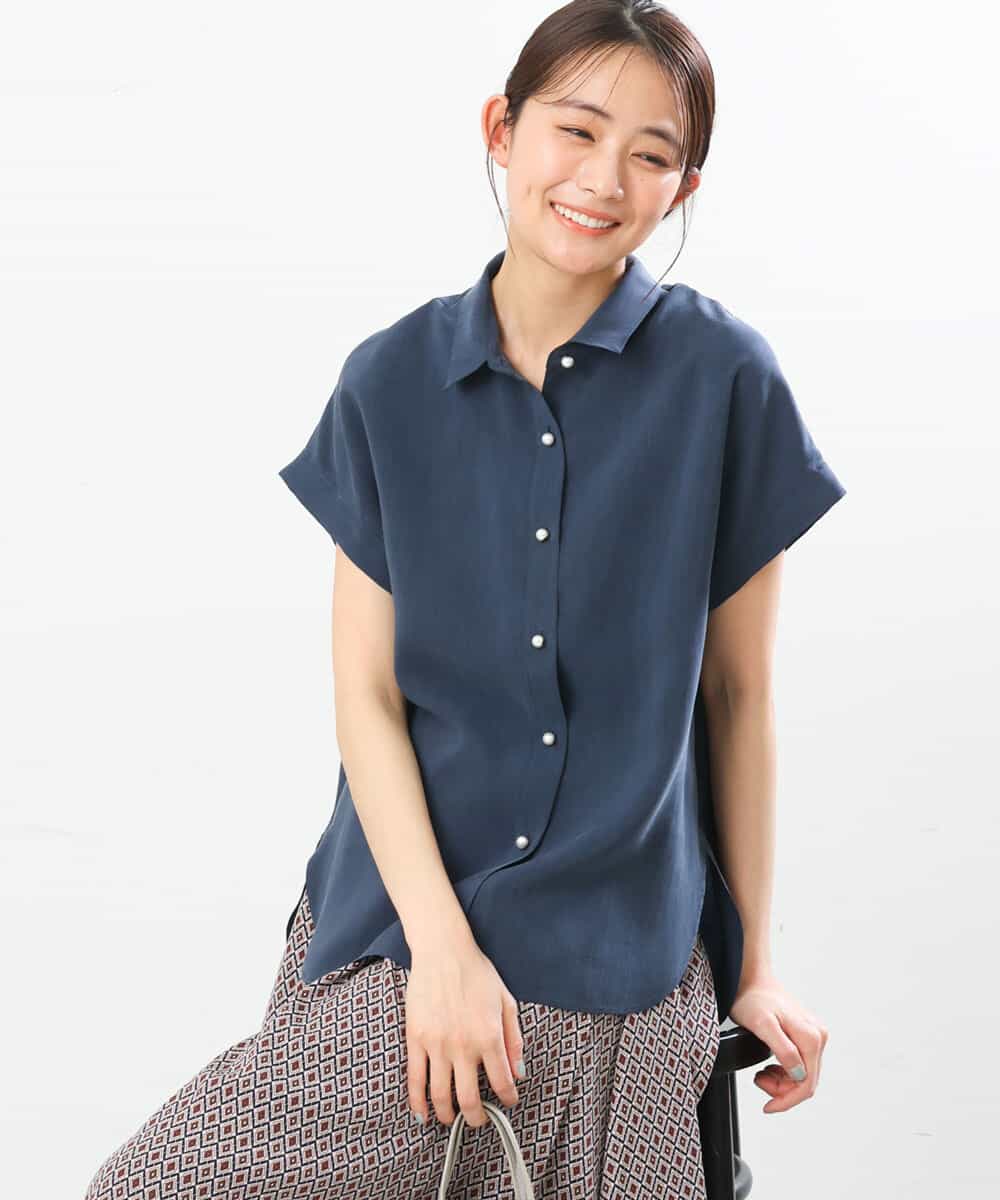 FKBGS58110 MK MICHEL KLEIN(MK ミッシェルクラン) フェイクパール釦シャツブラウス/洗える ネイビー
