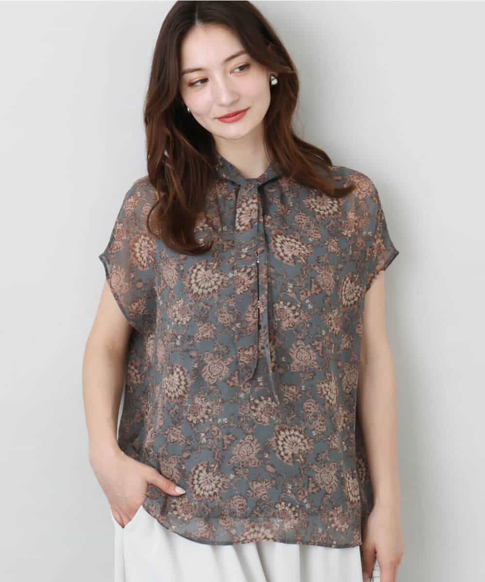 FKBHA05140 MK MICHEL KLEIN(MK ミッシェルクラン) 更紗プリント花柄シフォンブラウス/前後2way/洗える ベージュ