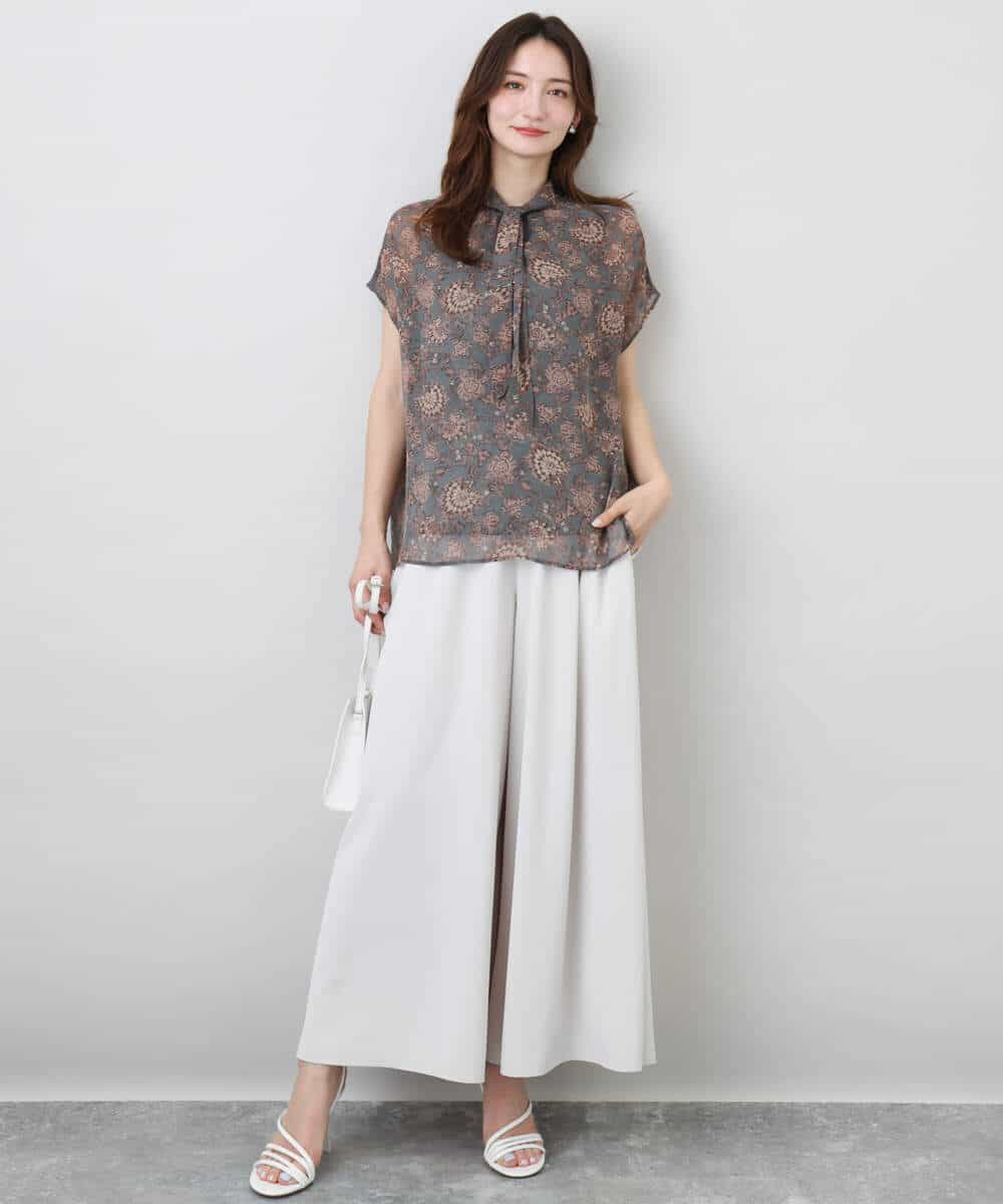 FKBHA05140 MK MICHEL KLEIN(MK ミッシェルクラン) 更紗プリント花柄シフォンブラウス/前後2way/洗える ベージュ