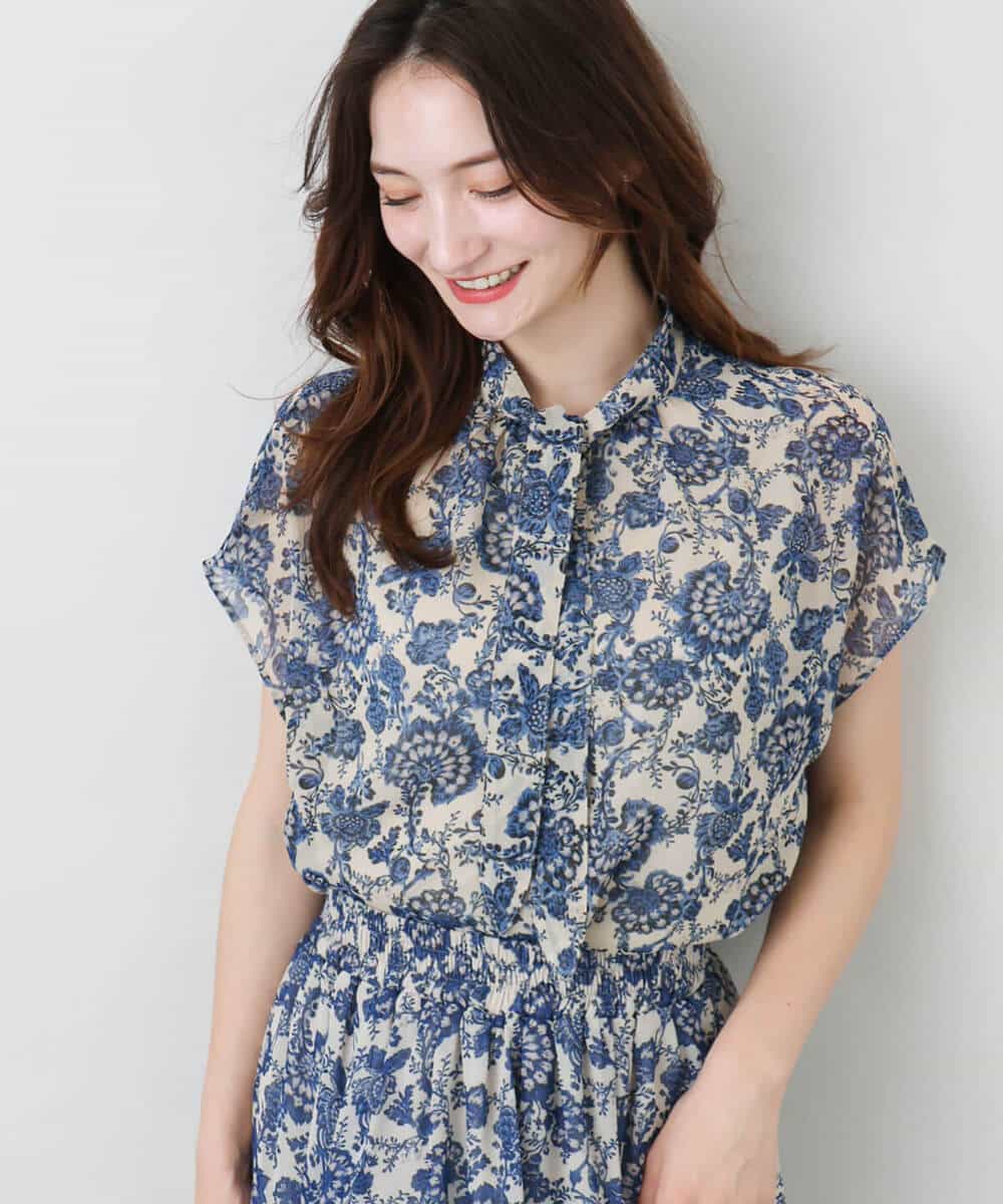 FKBHA05140 MK MICHEL KLEIN(MK ミッシェルクラン) 更紗プリント花柄シフォンブラウス/前後2way/洗える ベージュ