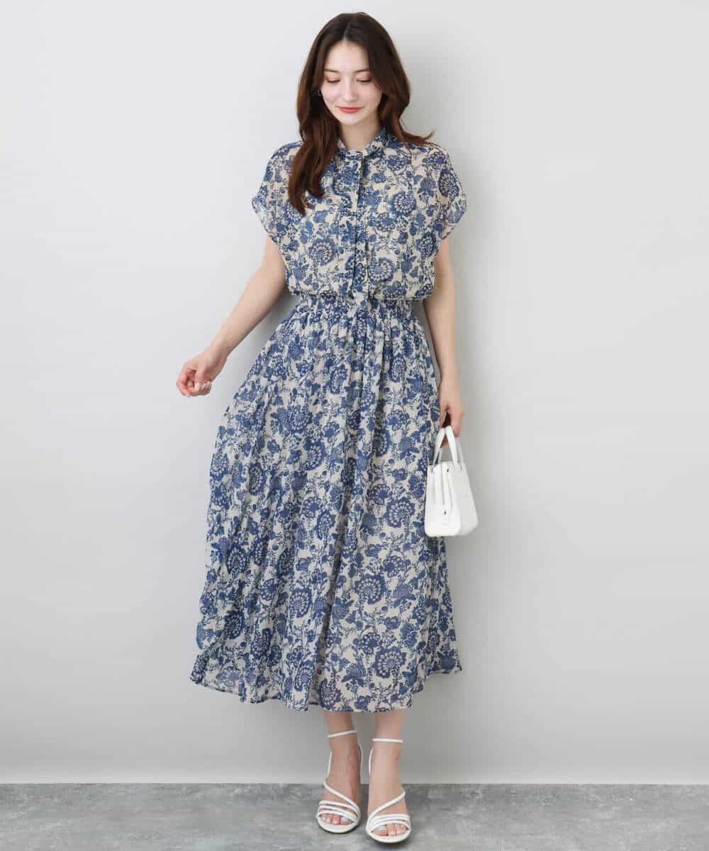 FKBHA05140 MK MICHEL KLEIN(MK ミッシェルクラン) 更紗プリント花柄シフォンブラウス/前後2way/洗える ベージュ