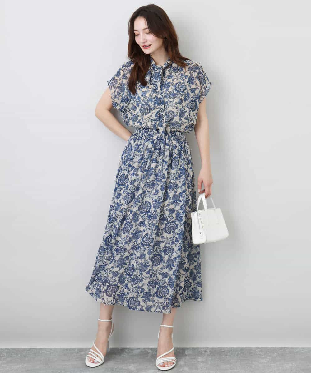 FKBHA05140 MK MICHEL KLEIN(MK ミッシェルクラン) 更紗プリント花柄シフォンブラウス/前後2way/洗える ベージュ