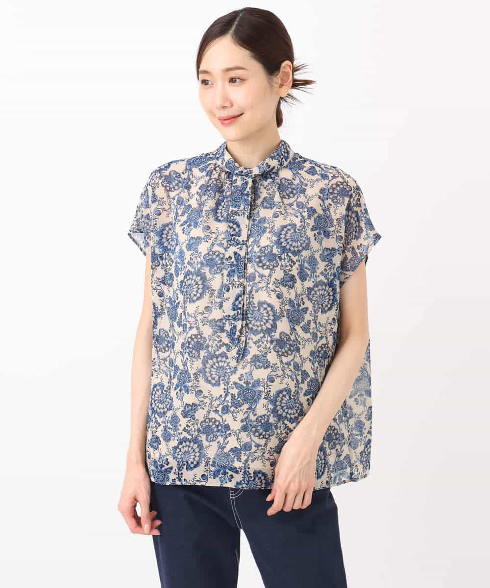 FKBHA05140 MK MICHEL KLEIN(MK ミッシェルクラン) 更紗プリント花柄シフォンブラウス/前後2way/洗える ベージュ