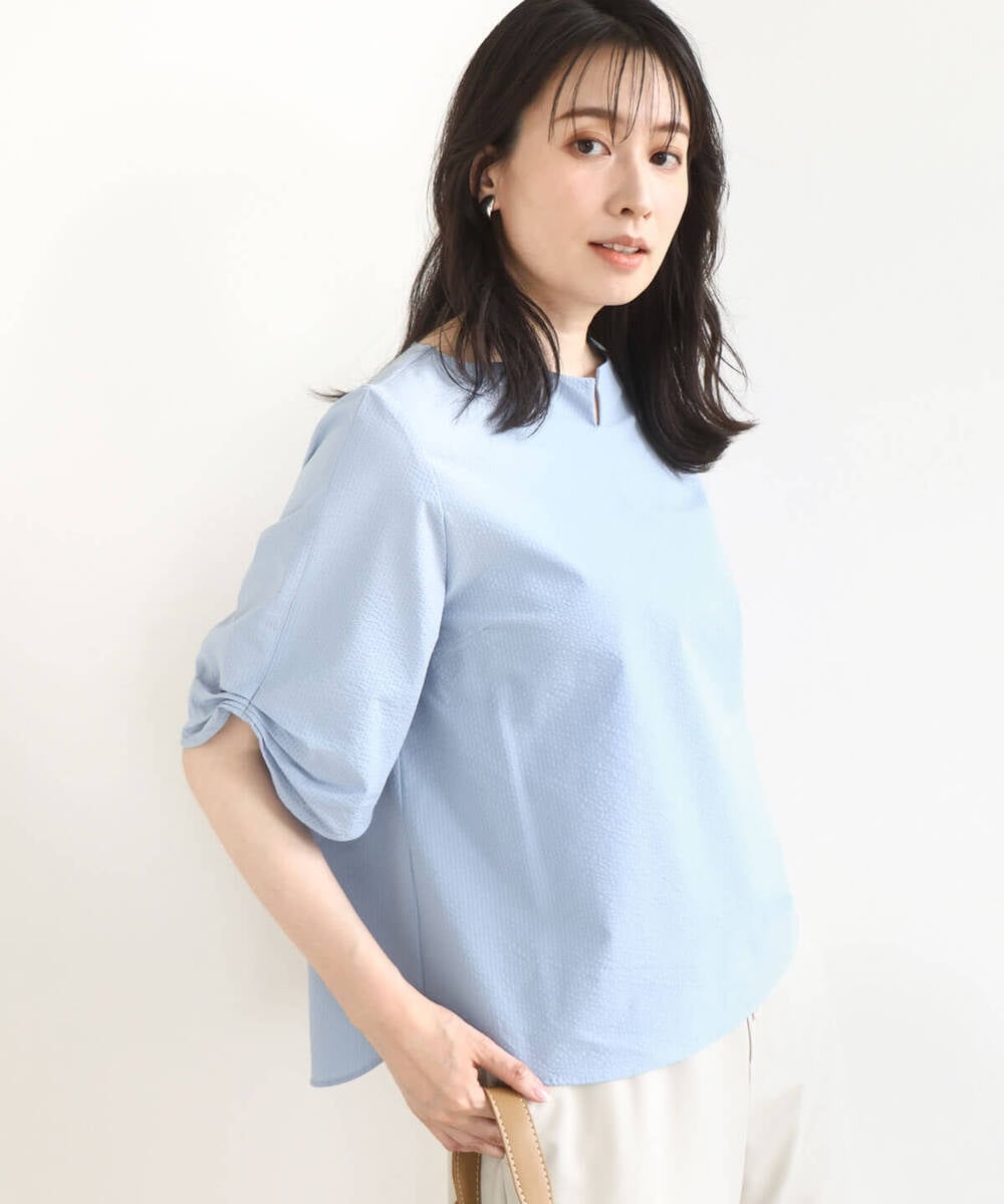 FKBHA60140 MK MICHEL KLEIN(MK ミッシェルクラン) キーネックデザインブラウス/撥水/UVカット/洗える ネイビー