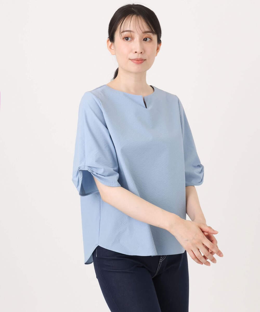 FKBHA60140 MK MICHEL KLEIN(MK ミッシェルクラン) キーネックデザインブラウス/撥水/UVカット/洗える ネイビー
