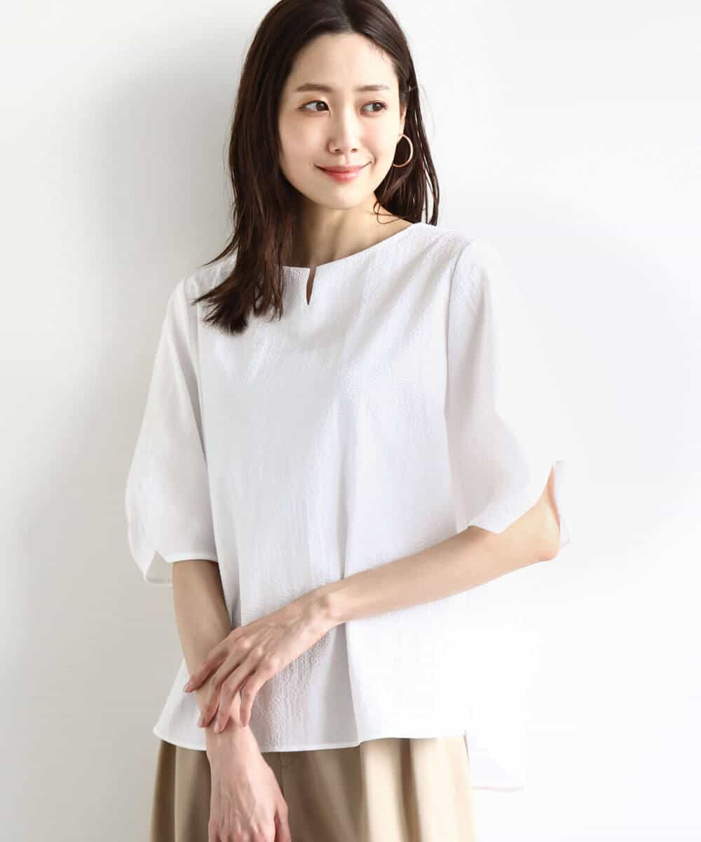 FKBHA60140 MK MICHEL KLEIN(MK ミッシェルクラン) キーネックデザインブラウス/撥水/UVカット/洗える ネイビー