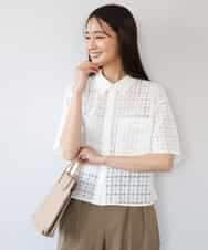 FKBHD62160 MK MICHEL KLEIN(MK ミッシェルクラン) [洗える]幾何レース五分袖シャツブラウス ホワイト