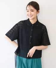 FKBHD62160 MK MICHEL KLEIN(MK ミッシェルクラン) [洗える]幾何レース五分袖シャツブラウス ブラック