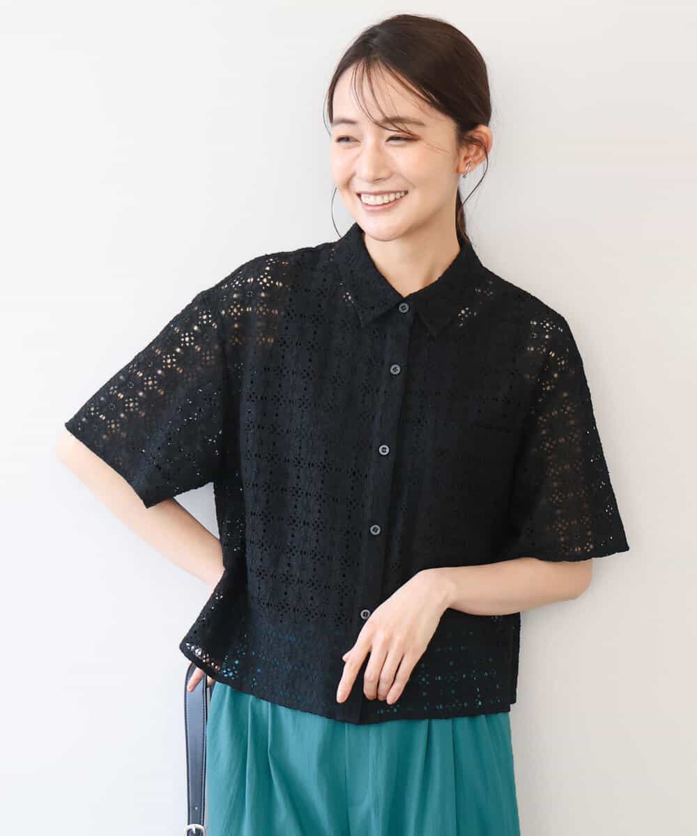 FKBHD62160 MK MICHEL KLEIN(MK ミッシェルクラン) [洗える]幾何レース五分袖シャツブラウス ブラック