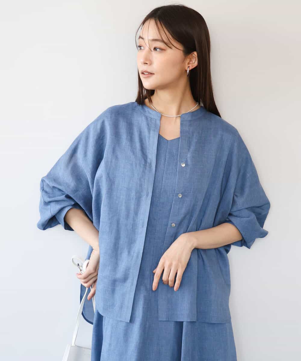 FKBHD65160 MK MICHEL KLEIN(MK ミッシェルクラン) [接触冷感/通気性/洗える]ラミーリネン混シャツブラウス ブルー