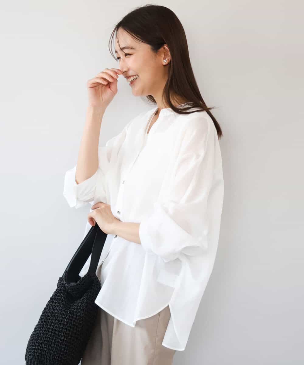 FKBHD65160 MK MICHEL KLEIN(MK ミッシェルクラン) [接触冷感/通気性/洗える]ラミーリネン混シャツブラウス ホワイト