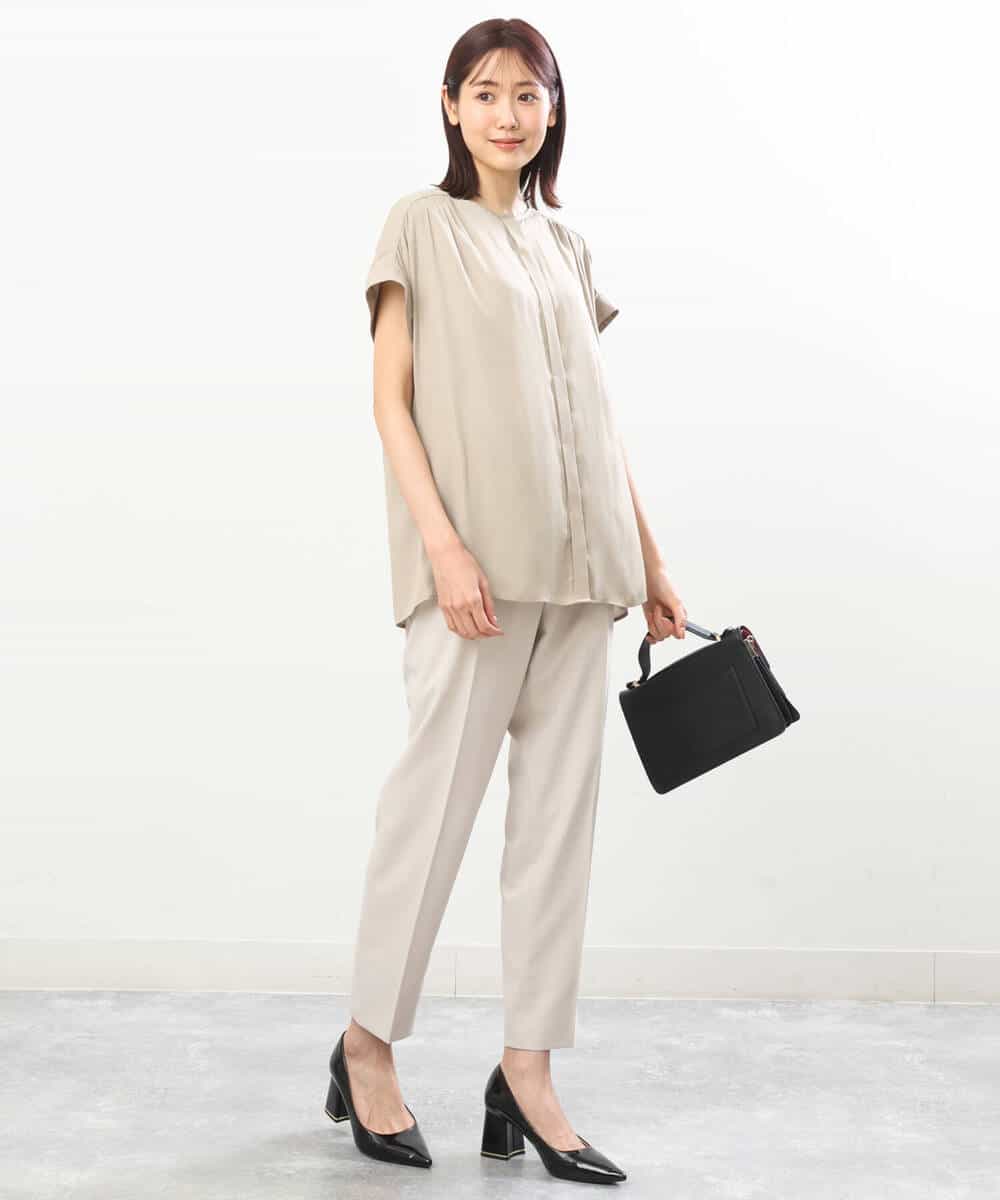 FKBHS62120 MK MICHEL KLEIN(MK ミッシェルクラン) サテン前開きギャザーブラウス/洗える ベージュ