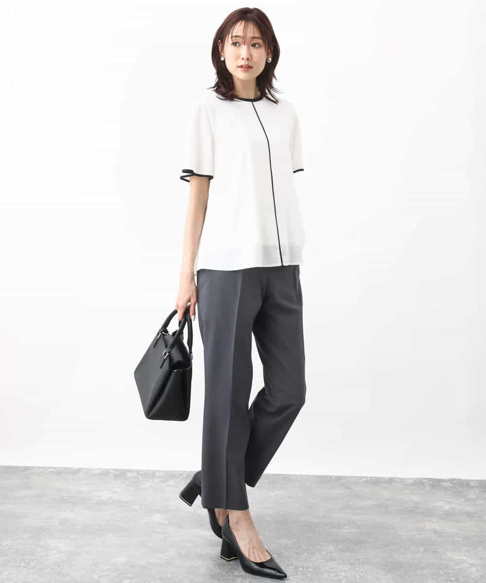 FKBHV68120 MK MICHEL KLEIN(MK ミッシェルクラン) 配色パイピングデザインシフォントップス/洗える ホワイト