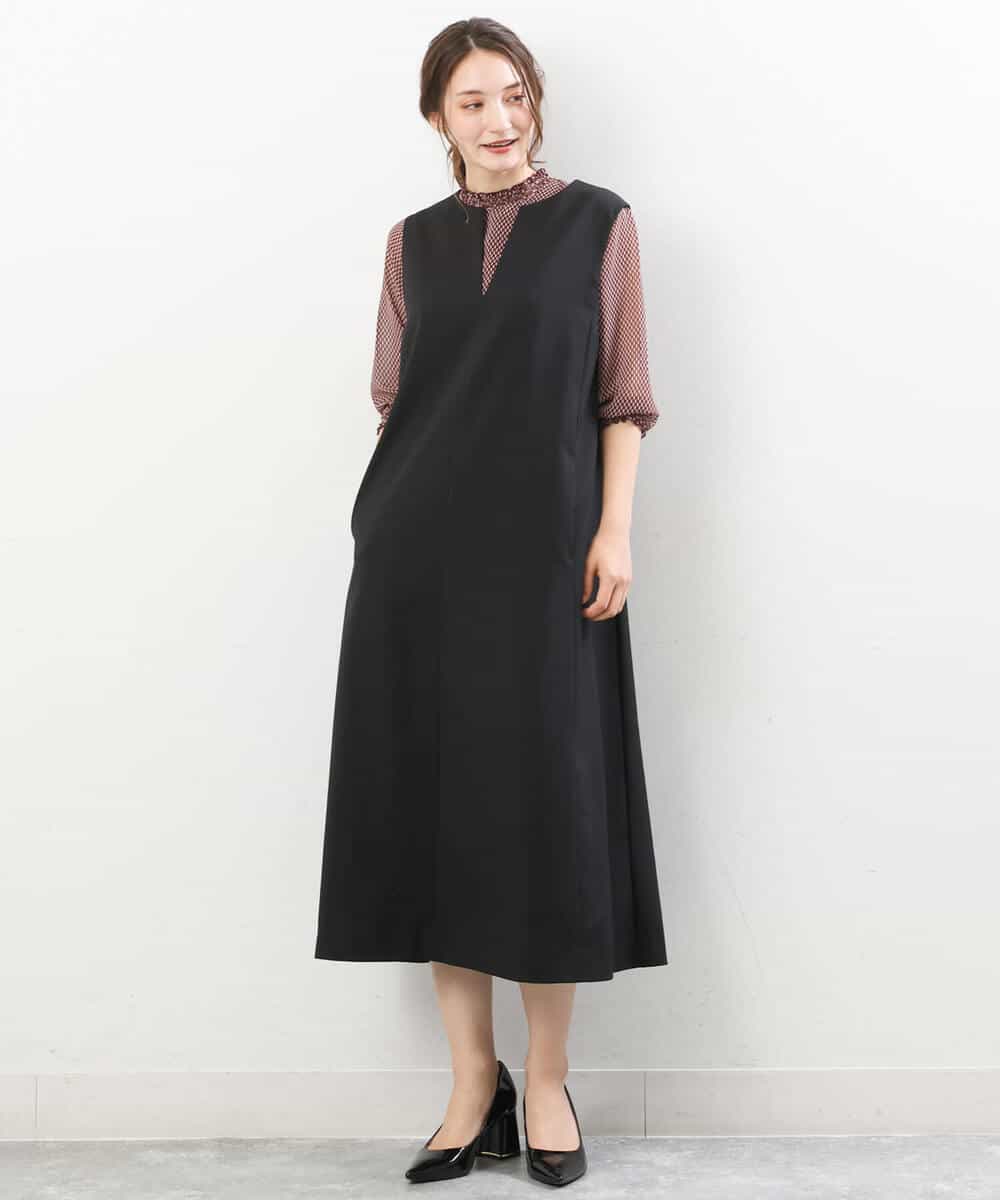 FKBIS05130 MK MICHEL KLEIN(MK ミッシェルクラン) シャーリングデザイン幾何柄プリントブラウス/洗える ブラック